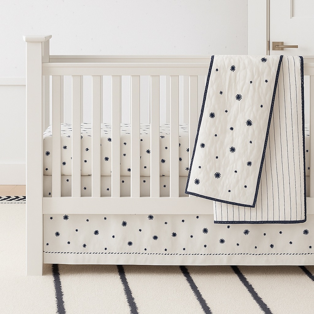 Bed Skirt - Pottery Barn Kids Crib  – White with Navy Star Embroidery